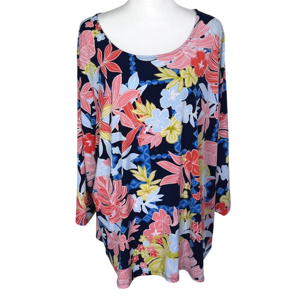RUBY RD Woman 3X Navy Blue Pink Tropical Floral 3/4 Sleeve‎ Puff Print Tunic Top